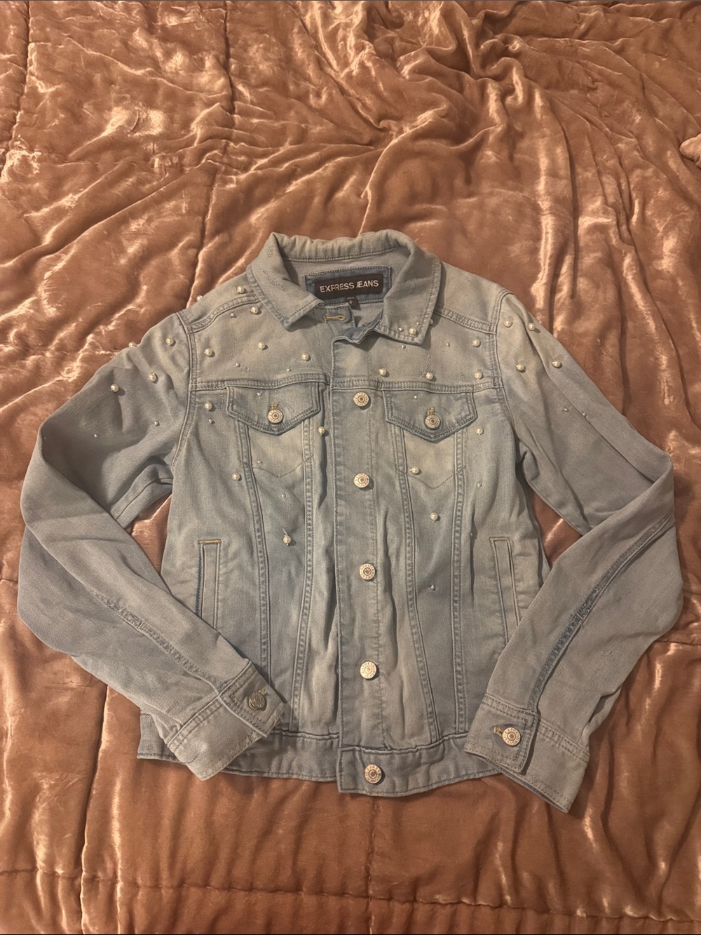 Express Light Blue Denim Jacket with Pearl Accents